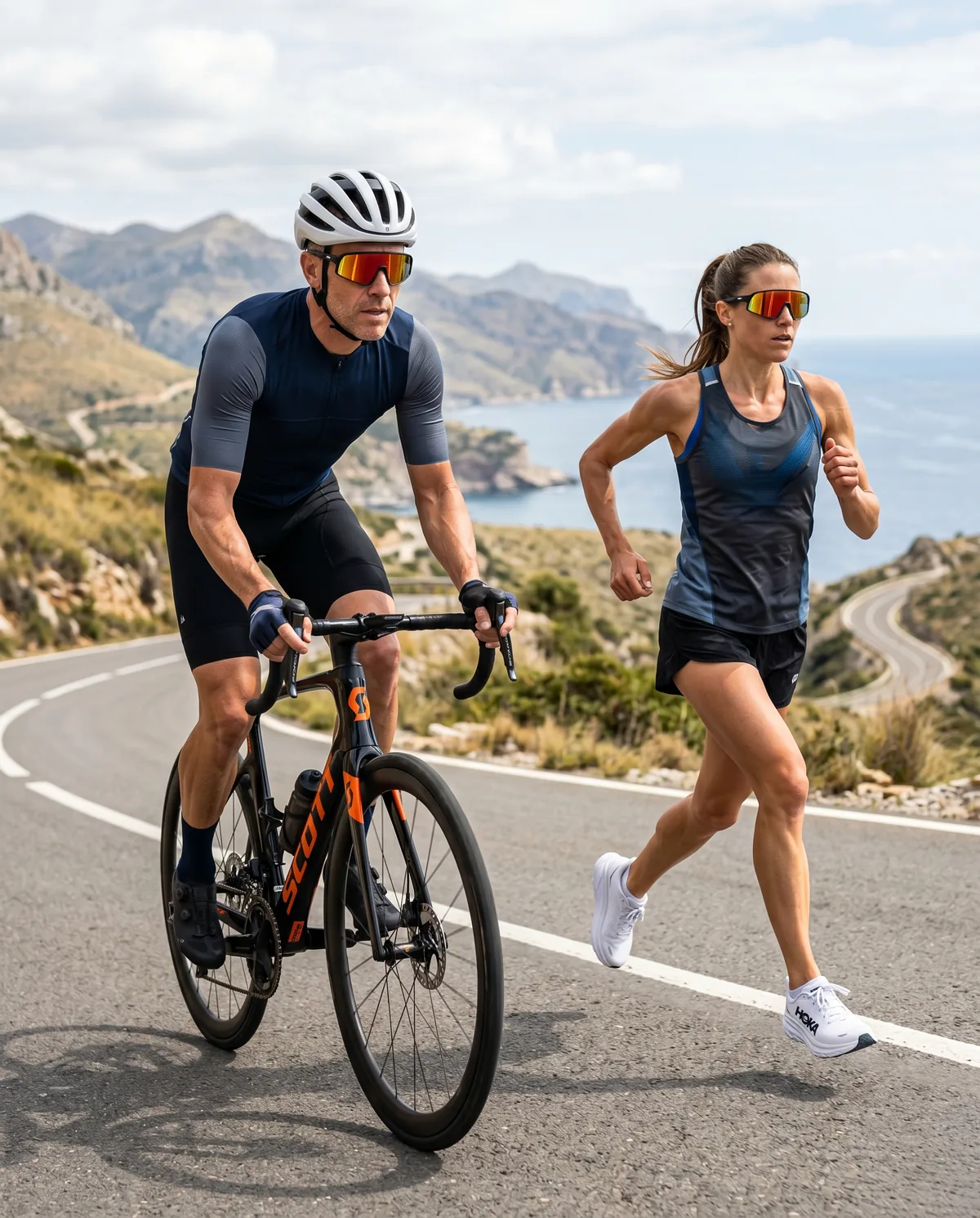 Road cyclist and runner wearing mirrored sport sunglasses on a coastal mountain route